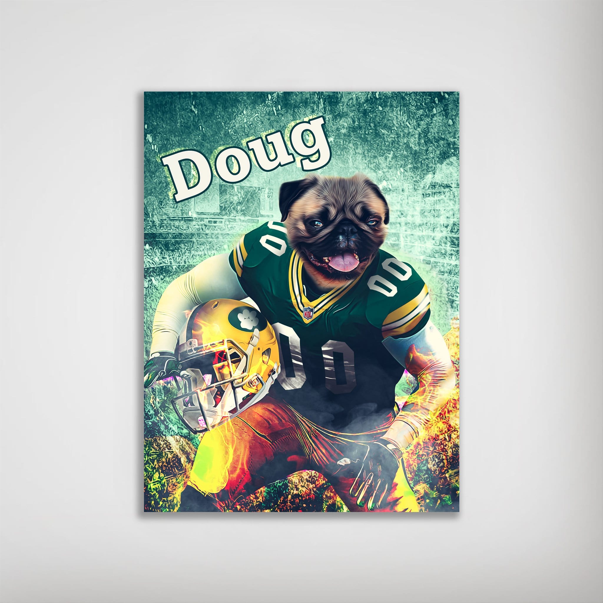 Personalized Green Bay Doggos poster featuring a pug in a football uniform, holding a helmet, with "Doug" text.