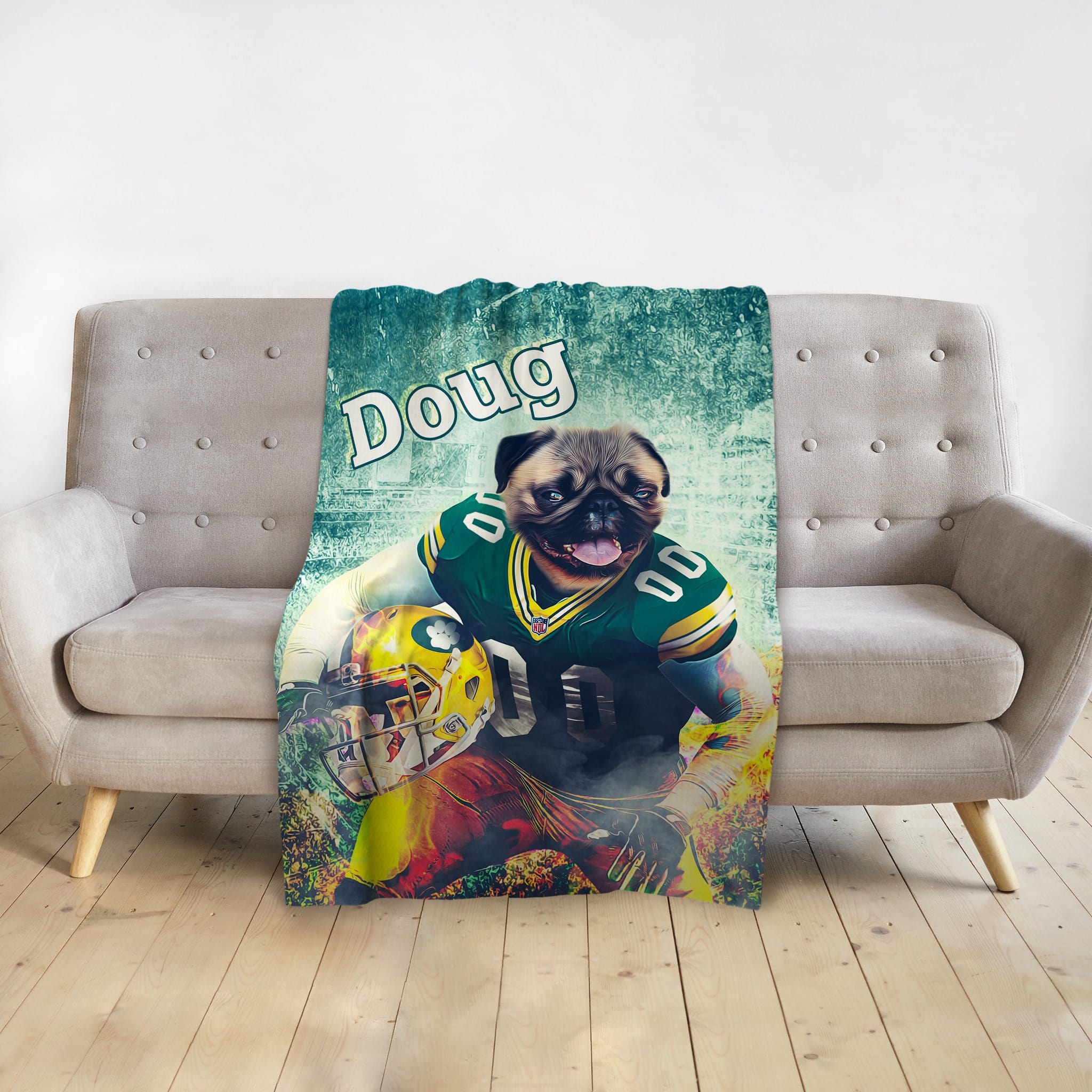 Personalized pet blanket with a pug in a Green Bay Packers football uniform, named "Doug".