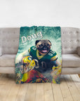 Personalized pet blanket with a pug in a Green Bay Packers football uniform, named "Doug".