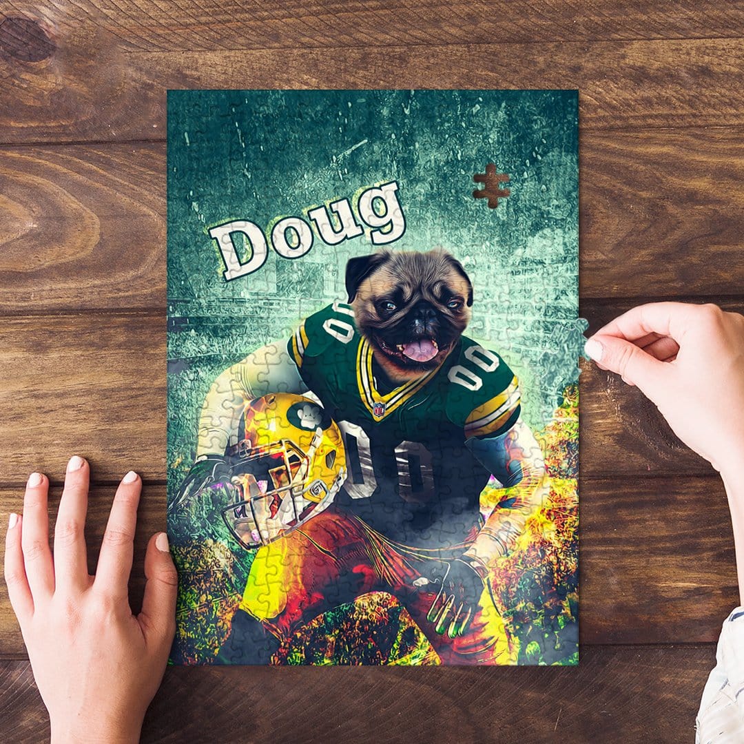 Personalized Green Bay Doggos puzzle featuring a pug in a football uniform, with "Doug" printed.