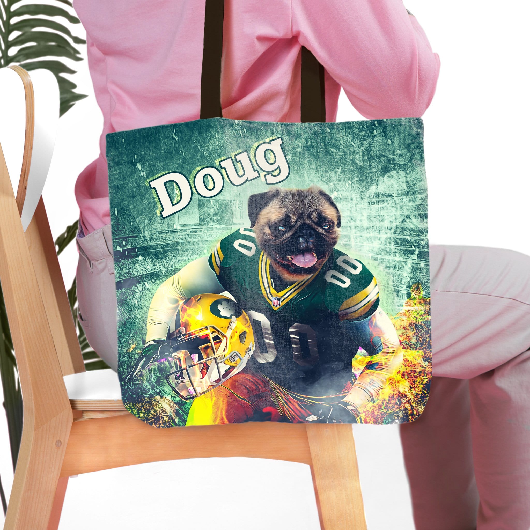 Personalized tote bag featuring a pug pet portrait in a Green Bay football uniform.