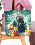 Personalized tote bag featuring a pug pet portrait in a Green Bay football uniform.