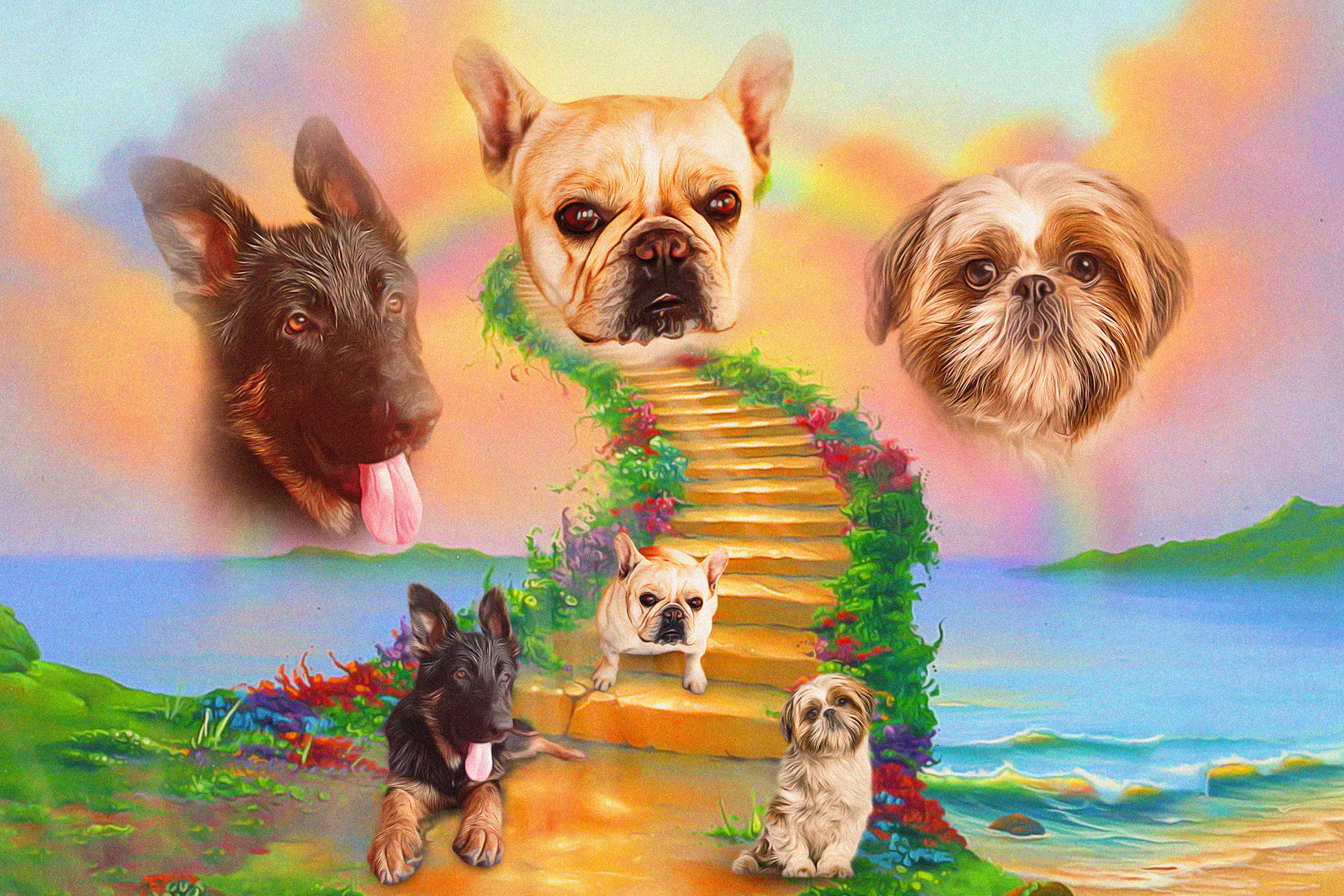 &#39;The Rainbow Bridge 3 Pet&#39; Retrato digital personalizado de 3 mascotas