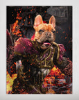 Personalized "Hades Doggo" poster featuring a French Bulldog in dark red and gold armor amidst flames.