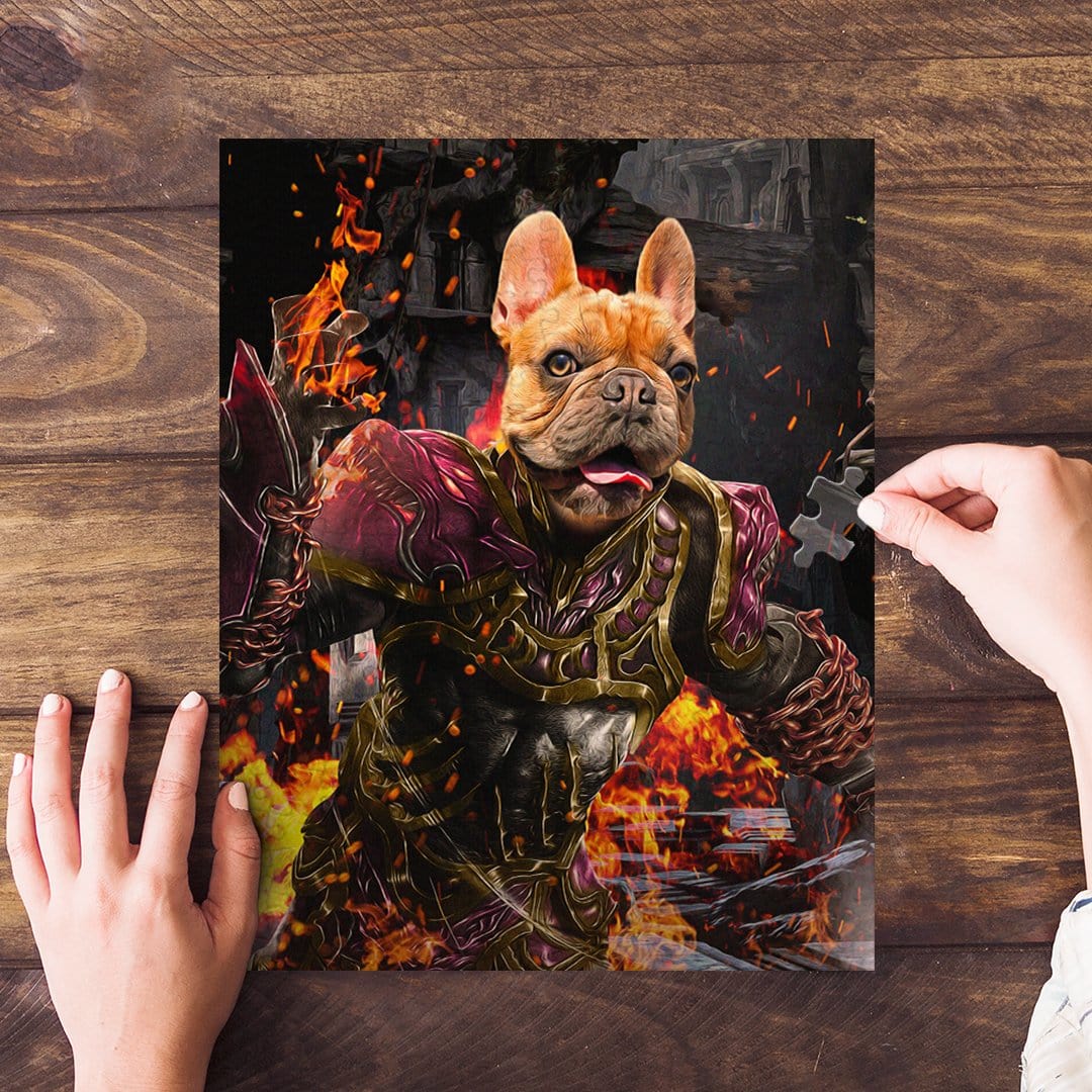 Personalized 'Hades Doggo' pet puzzle featuring a French Bulldog in fiery armor, with hands assembling it.