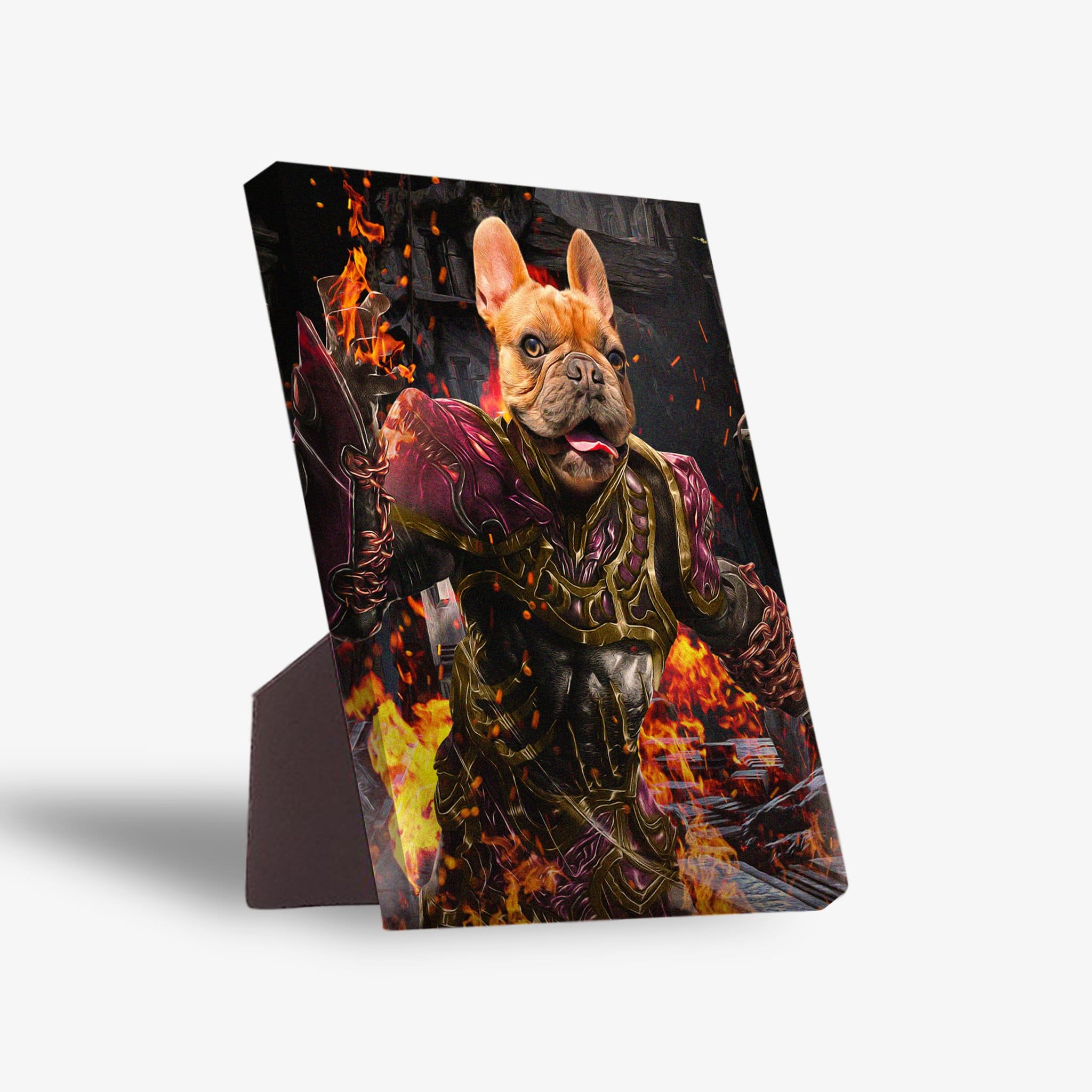Personalized 'Hades Doggo' standing canvas featuring a French Bulldog in warrior armor amidst flames.