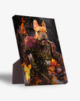 Personalized 'Hades Doggo' standing canvas featuring a French Bulldog in warrior armor amidst flames.