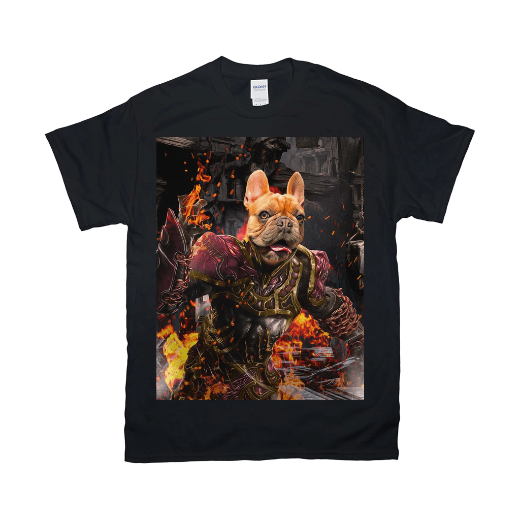 Black Gildan t-shirt featuring a French Bulldog in red and gold armor amidst flames.