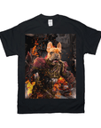 Black Gildan t-shirt featuring a French Bulldog in red and gold armor amidst flames.