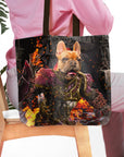 Personalized Hades Doggo tote bag with a French Bulldog pet portrait in warrior armor and flames.
