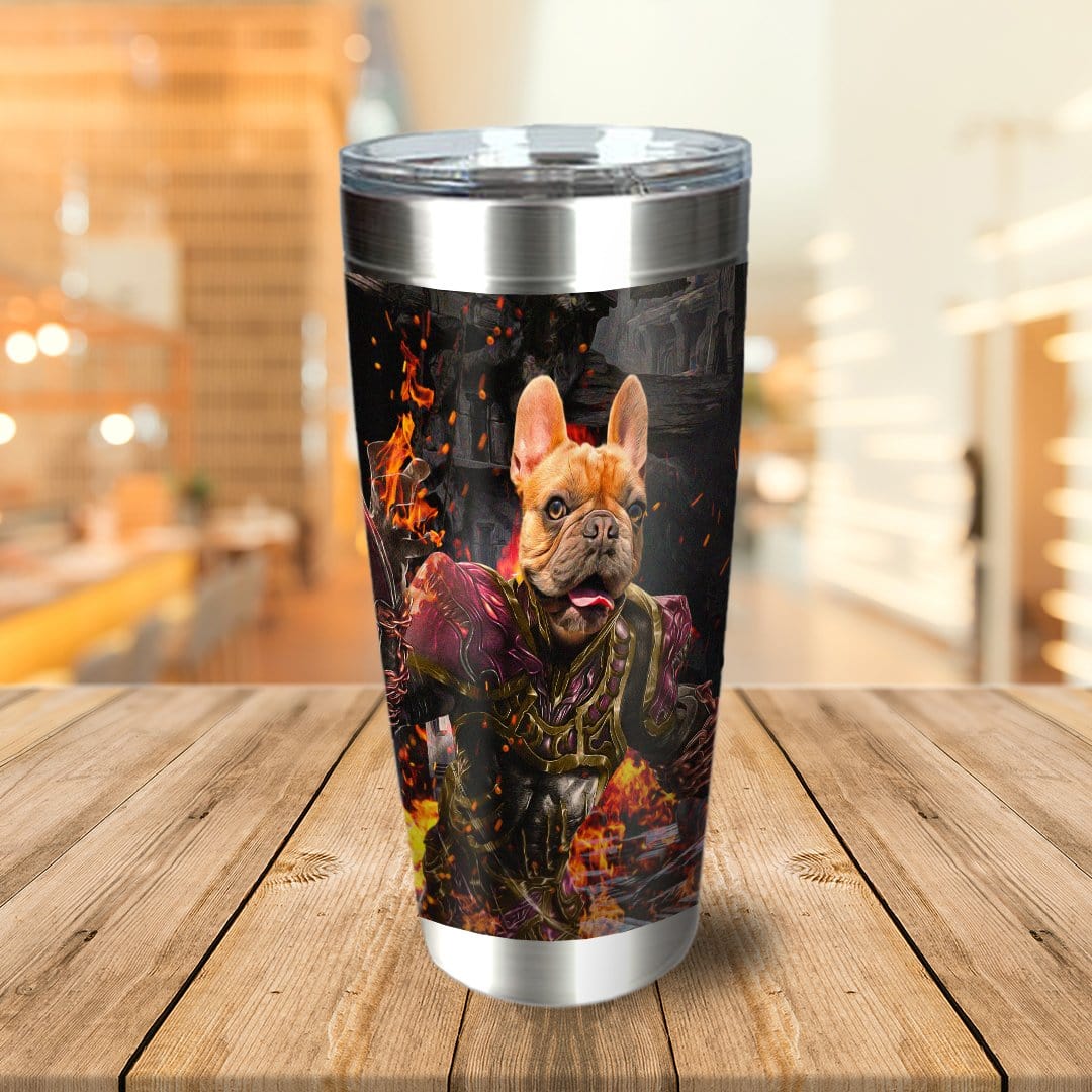 Personalized stainless steel tumbler with a French Bulldog in Hades-style armor surrounded by flames.