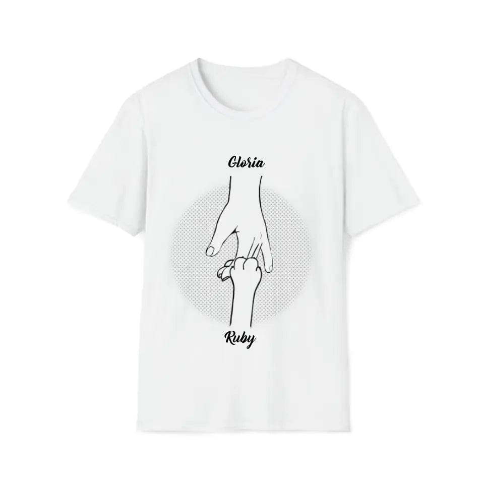 White Gildan softstyle cotton tee with "Gloria" holding a paw labeled "Ruby" on a dotted circle.