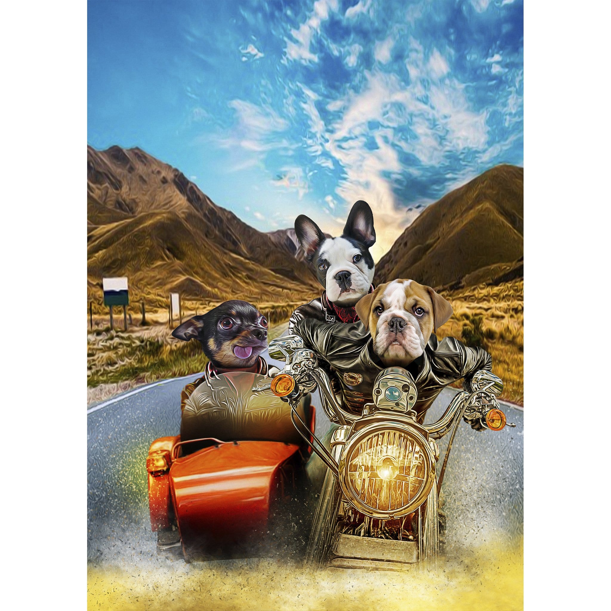 Custom digital portrait of three pets on a motorcycle with a sidecar, "Harley Wooferson" style.