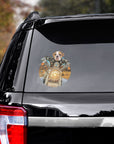 Custom bulldog pet decal on a black car window, featuring a dog in a leather jacket riding a motorcycle.