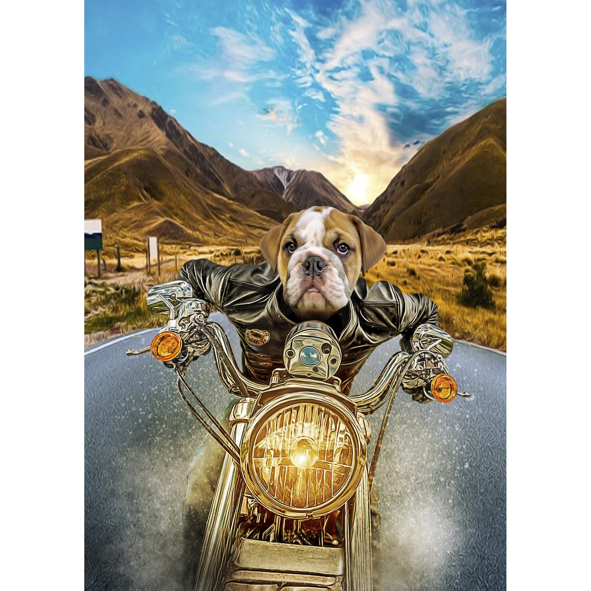Personalized digital portrait of a bulldog riding a motorcycle in a mountainous landscape.