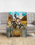 Personalized pet blanket with two dogs in leather jackets on a motorcycle, mountains in background.