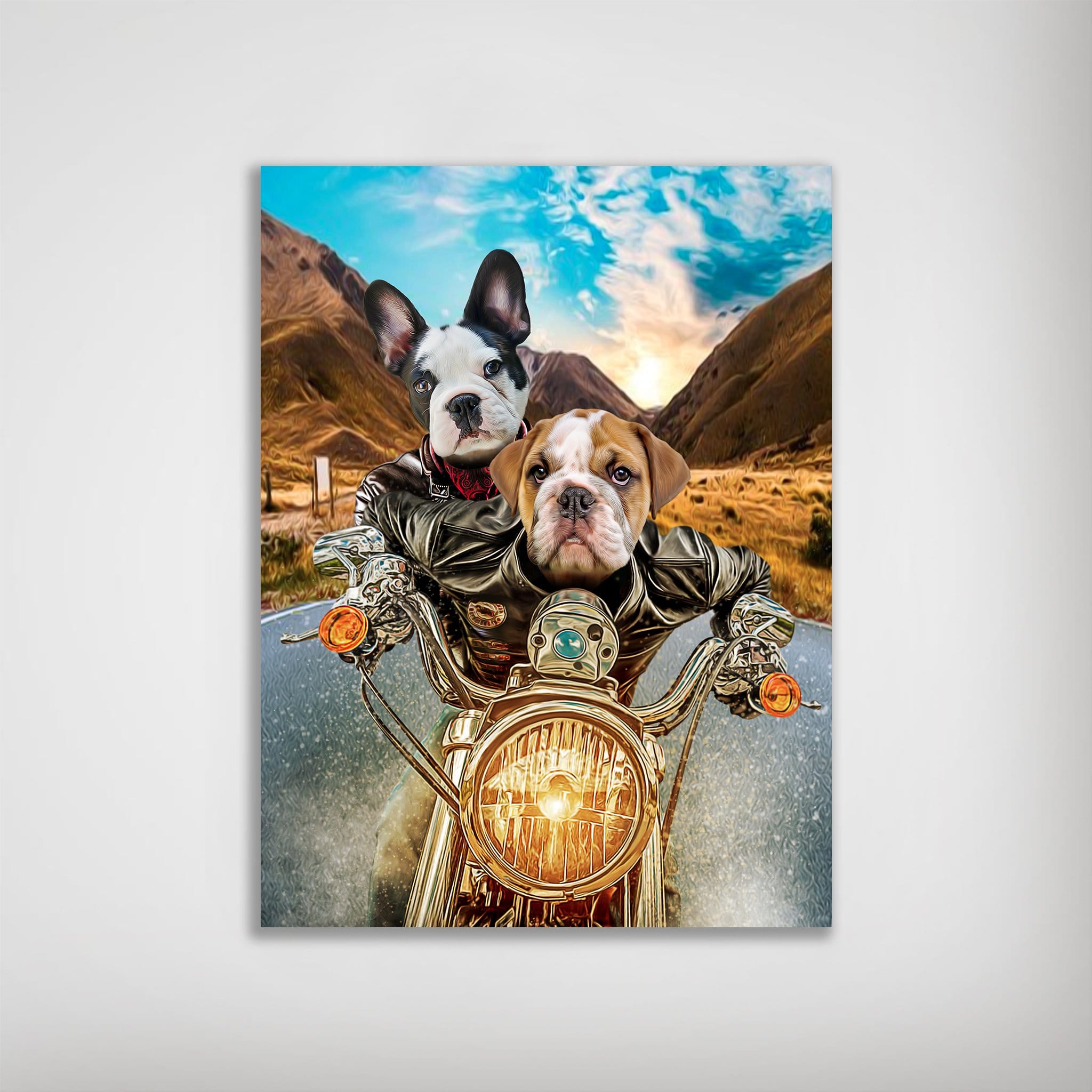 Personalized 'Harley Wooferson' poster featuring two dogs in leather jackets riding a motorcycle through mountains.
