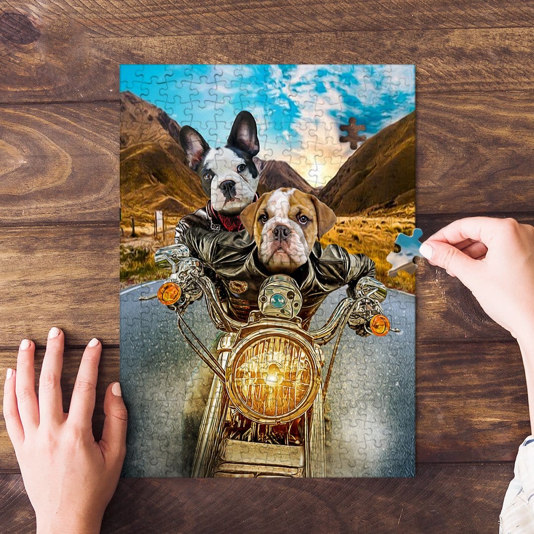 Personalized 2-pet puzzle featuring two dogs on a motorcycle, with hands assembling pieces.