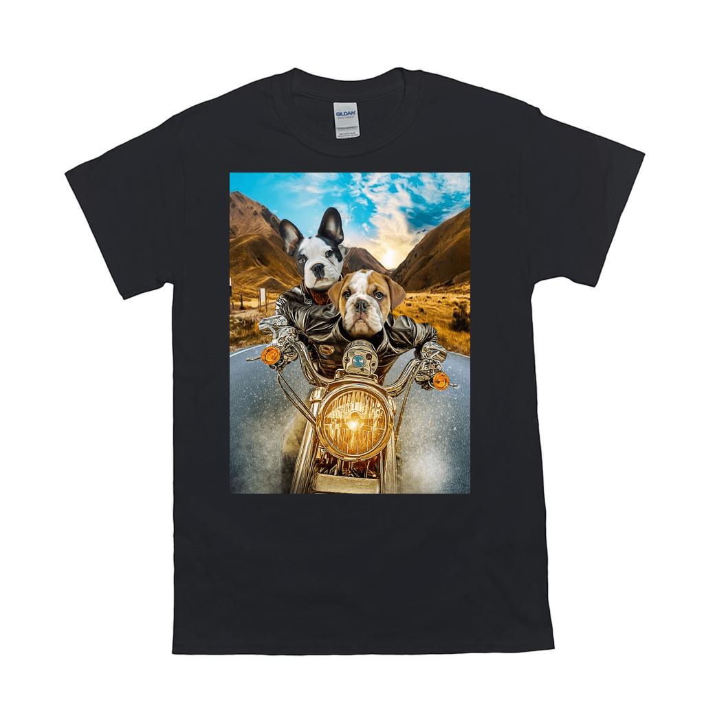 Black Gildan t-shirt featuring two dogs in leather jackets riding a motorcycle on a scenic road.