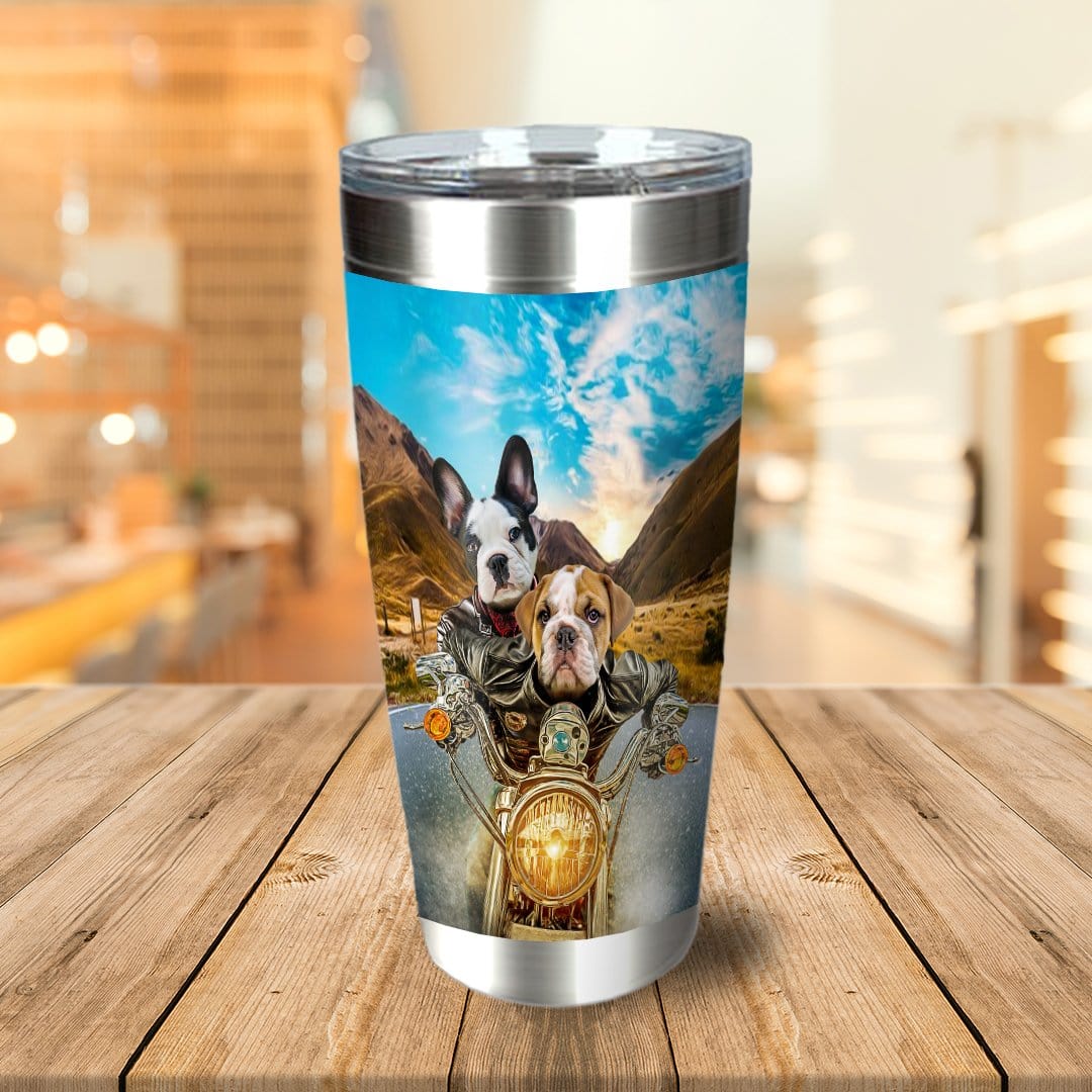 Personalized stainless steel tumbler with two dogs on a motorcycle, featuring a mountain landscape background.