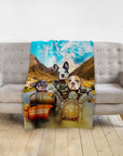 Personalized minky blanket with three pets in a "Harley Wooferson" renaissance portrait on a motorcycle.