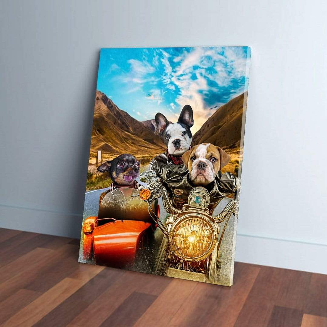 Custom pet canvas featuring three dogs in motorcycle gear riding a motorcycle on a scenic mountain road.