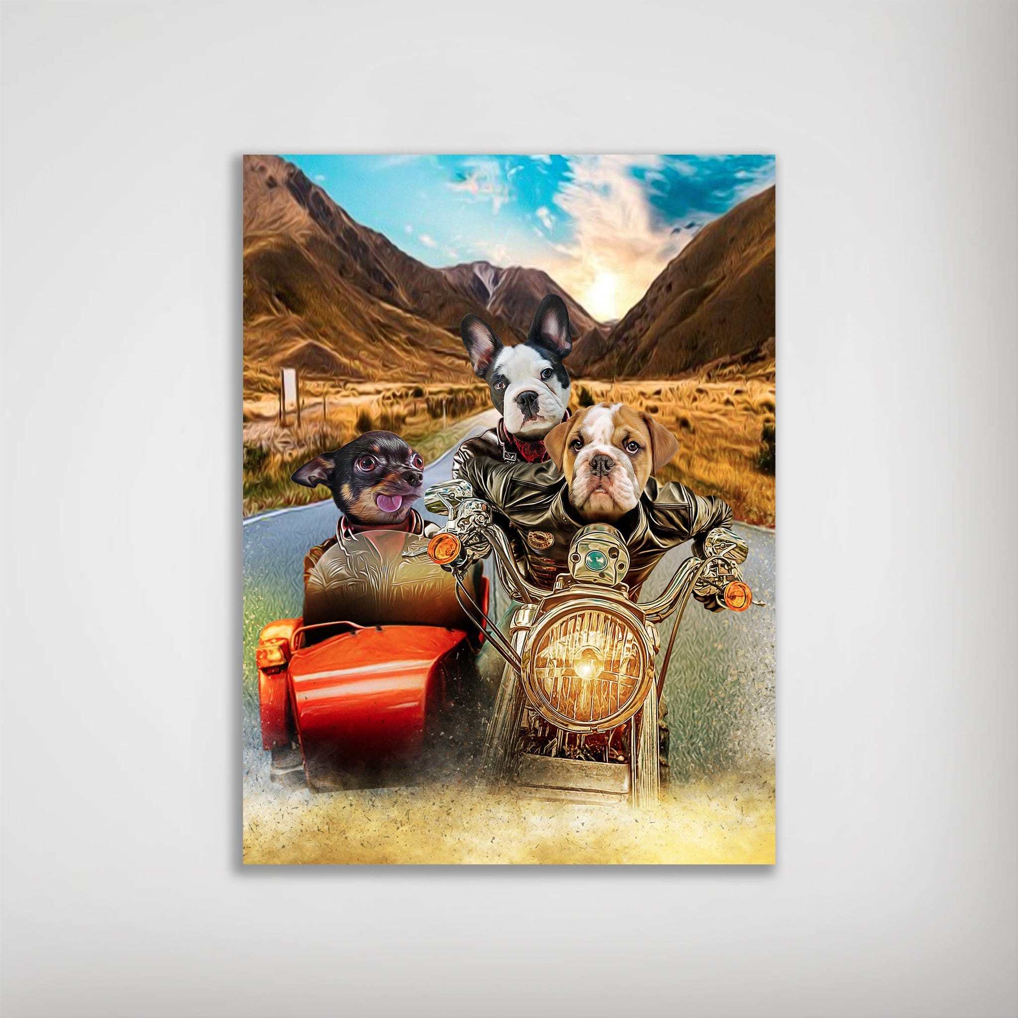 Custom 'Harley Wooferson' poster featuring three pets, a bulldog, French bulldog, and chihuahua, riding a motorcycle with a sidecar through mountains.