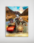 Custom 'Harley Wooferson' poster featuring three pets, a bulldog, French bulldog, and chihuahua, riding a motorcycle with a sidecar through mountains.