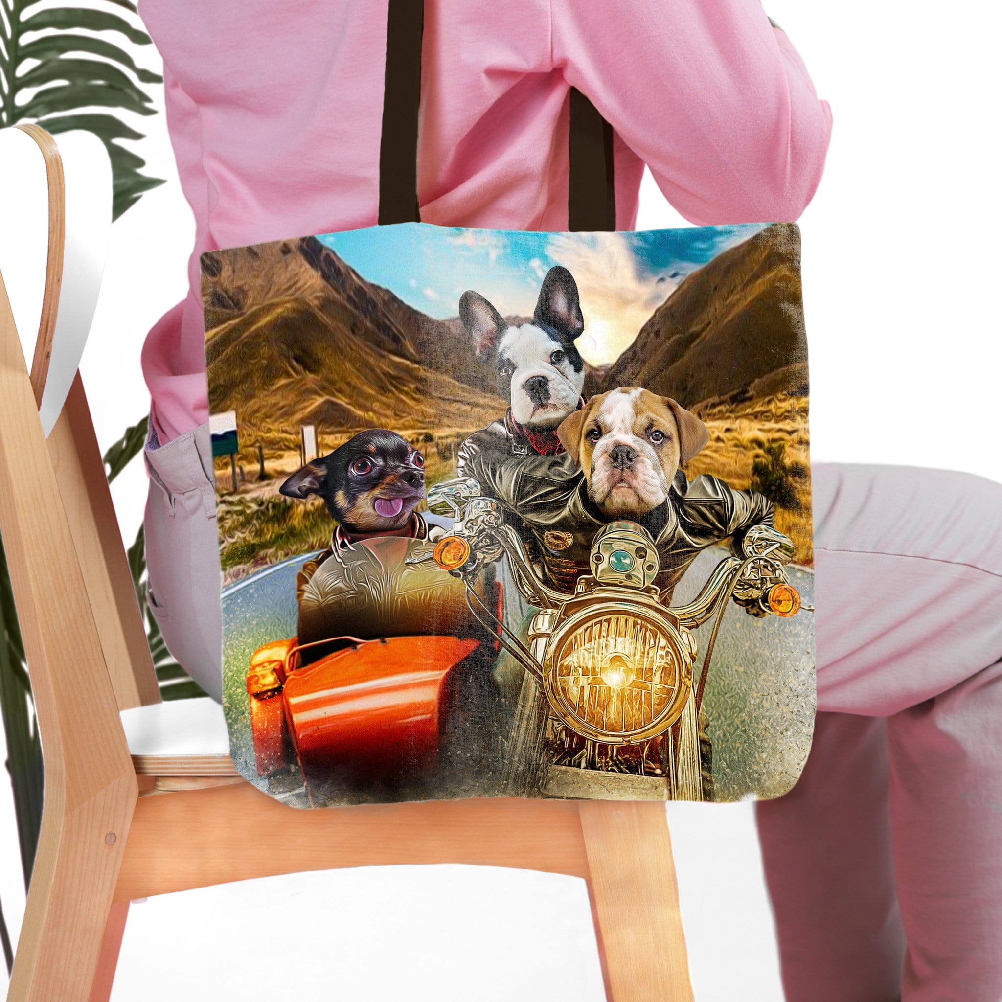 Personalized 3-pet tote bag with dogs in a "Harley Wooferson" motorcycle and car portrait.