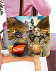 Personalized 3-pet tote bag with dogs in a "Harley Wooferson" motorcycle and car portrait.