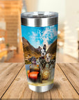 Personalized stainless steel tumbler with three cartoon pets riding a motorcycle in a mountain landscape.