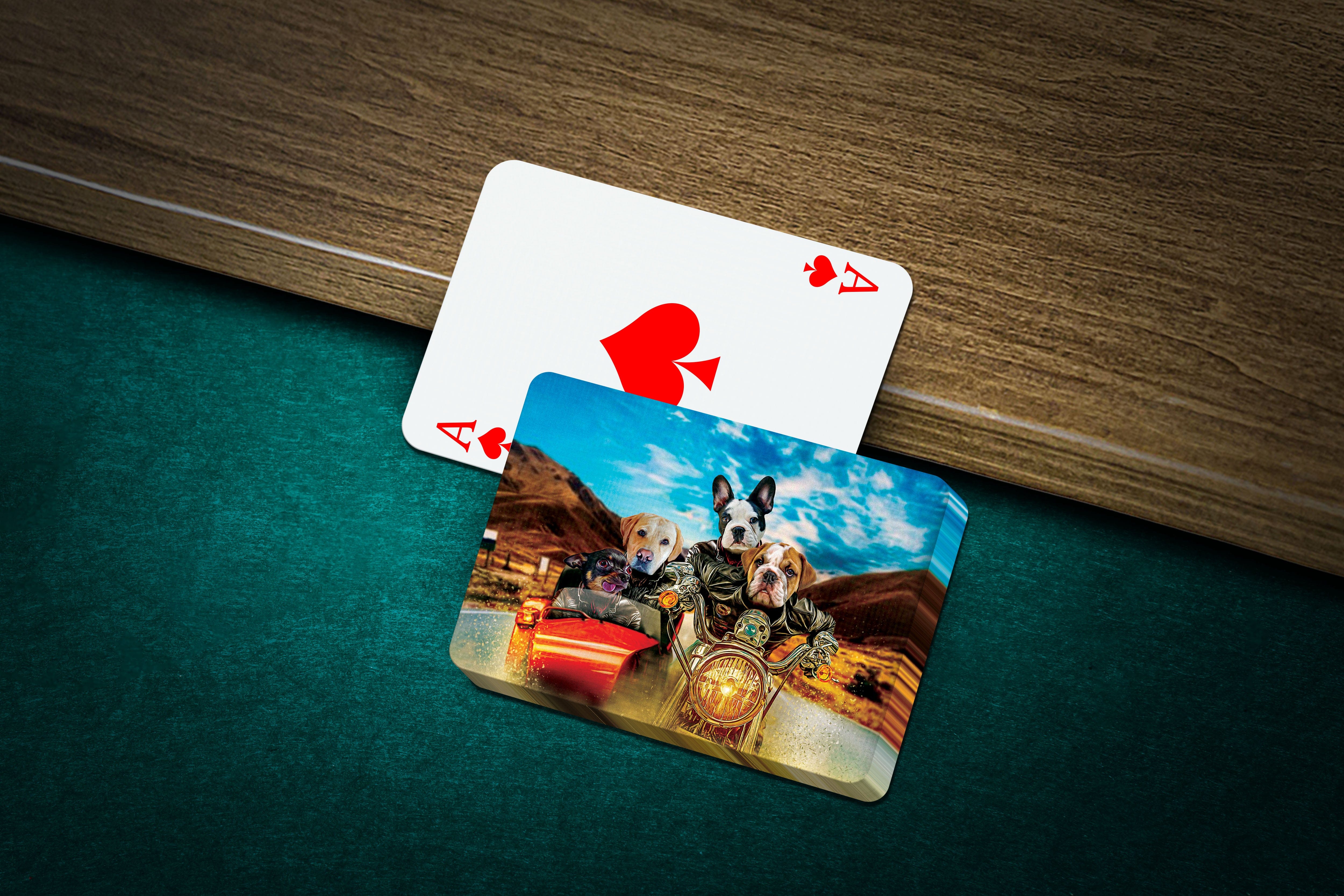 Personalized playing cards featuring four pets riding a motorcycle, with an Ace of Spades card.