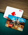 Personalized playing cards featuring four pets riding a motorcycle, with an Ace of Spades card.