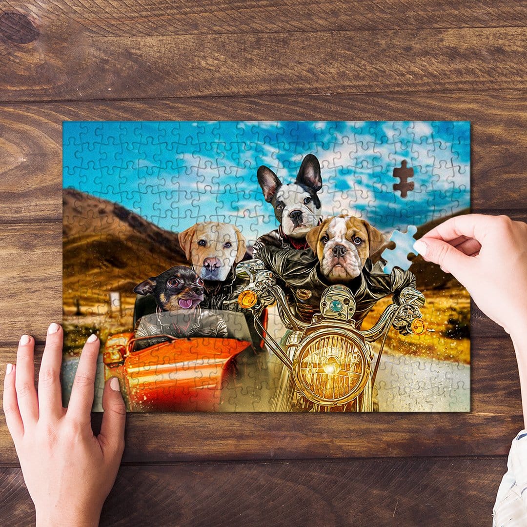 Personalized 4-pet puzzle featuring dogs in a "Harley Wooferson" style, on a wooden table.