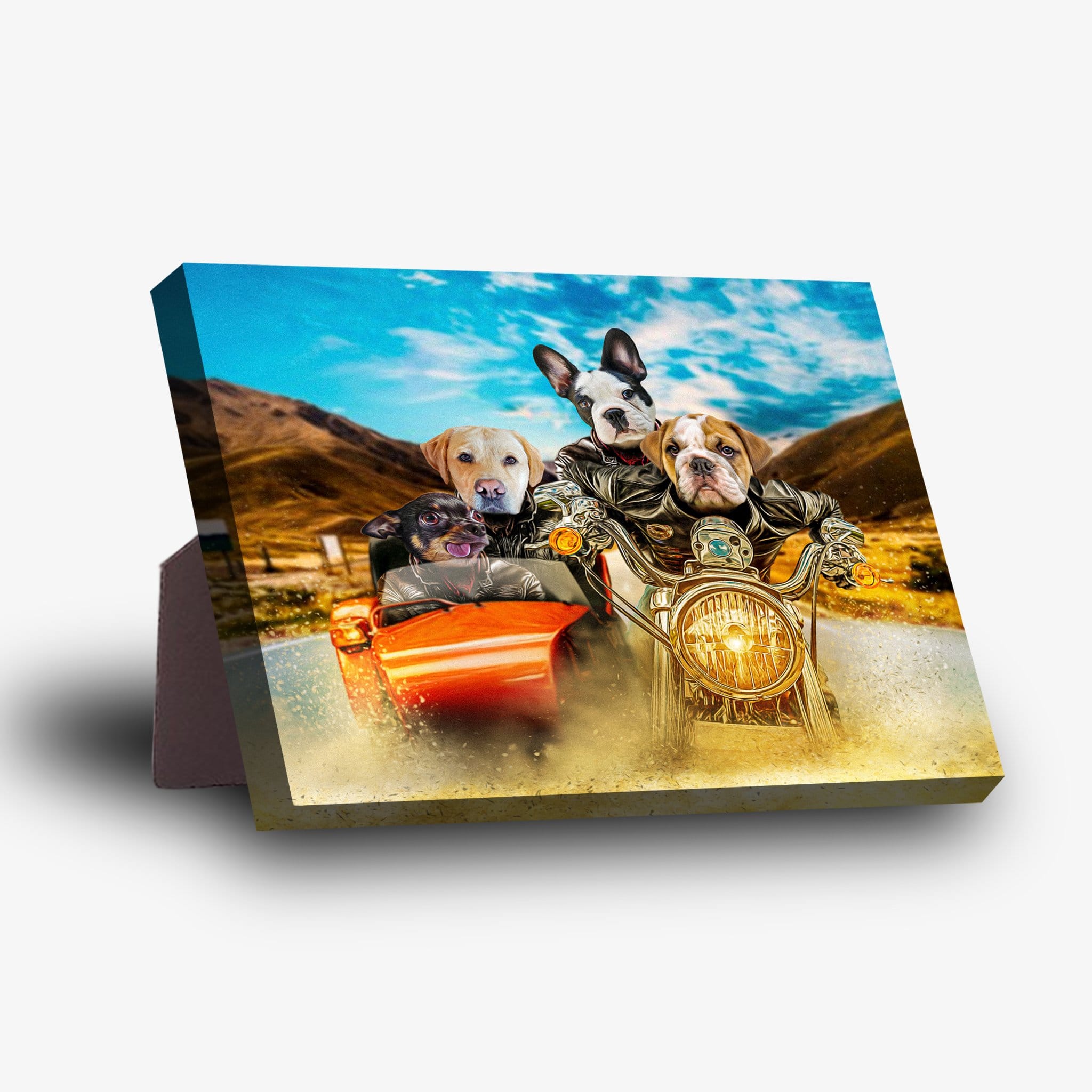 Personalized "Harley Wooferson" standing canvas featuring four pets on a motorcycle with a sidecar.