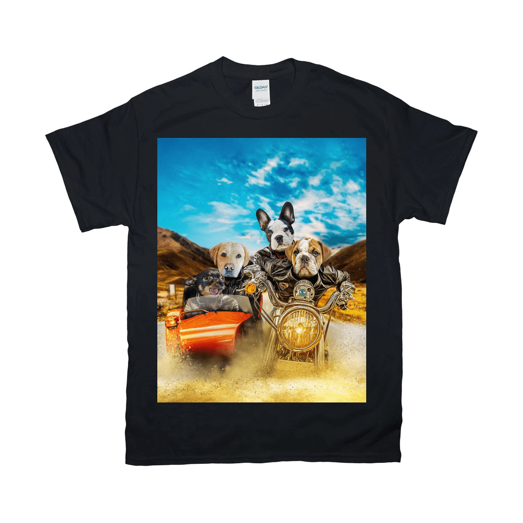 Black Gildan t-shirt with a custom graphic of four dogs riding a motorcycle with a sidecar.