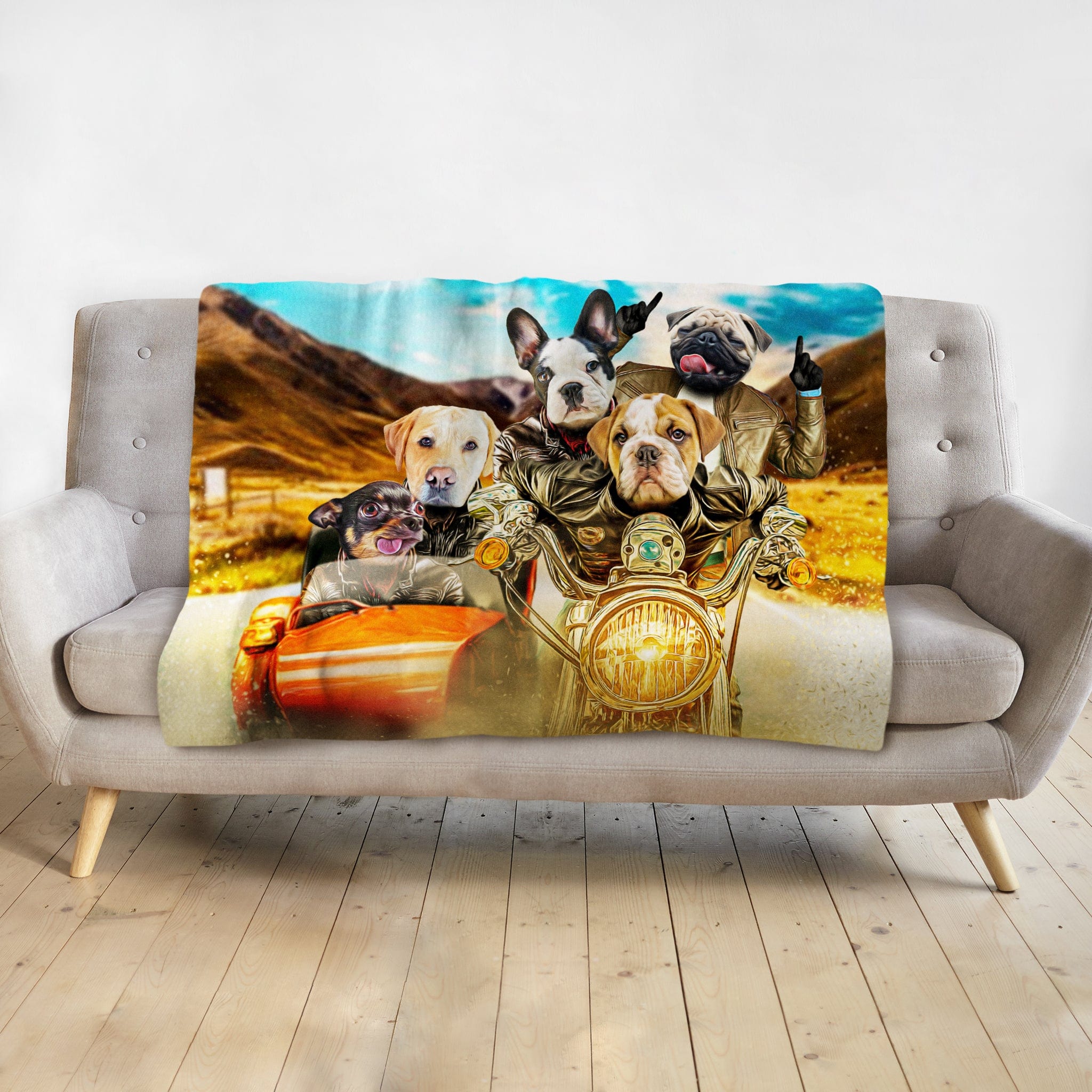 Personalized minky blanket with five dogs in a custom "Harley Wooferson" renaissance portrait.