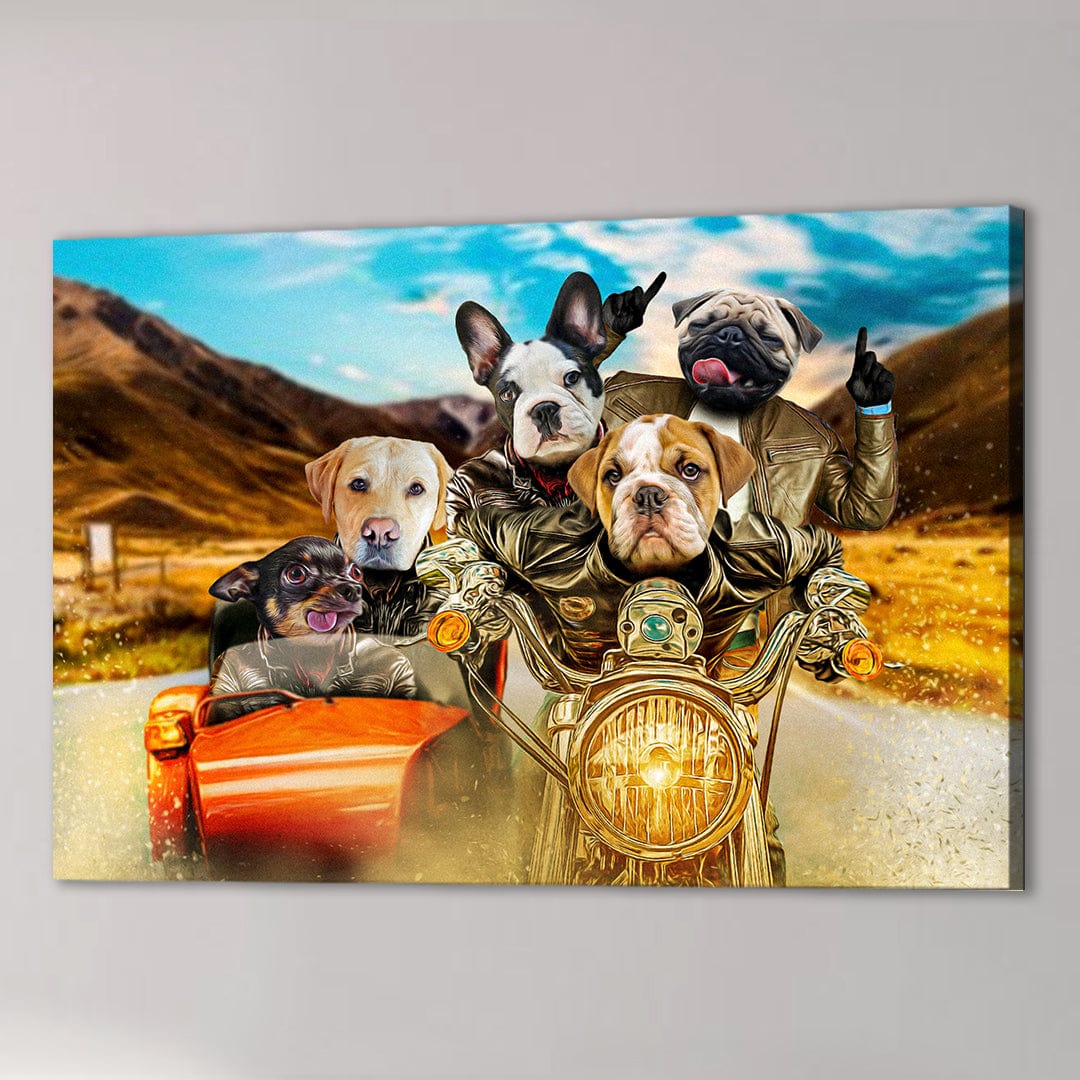 Custom pet portrait canvas featuring five dogs in a motorcycle and sidecar, wearing leather jackets, on a desert road.