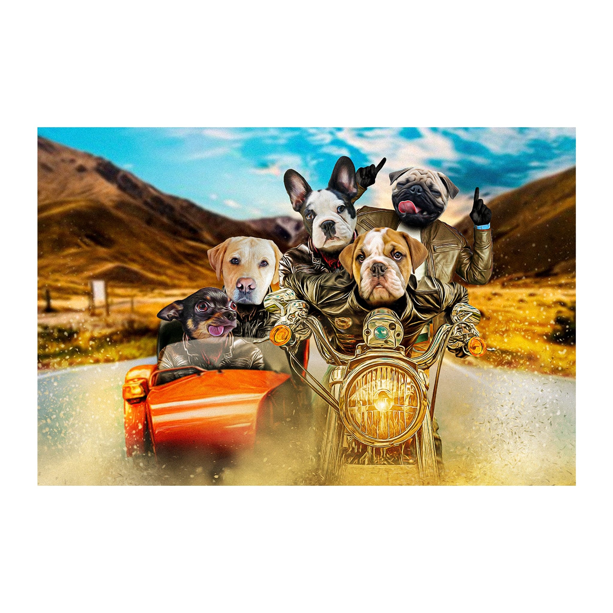 Personalized digital portrait of five dogs riding a motorcycle with a sidecar.