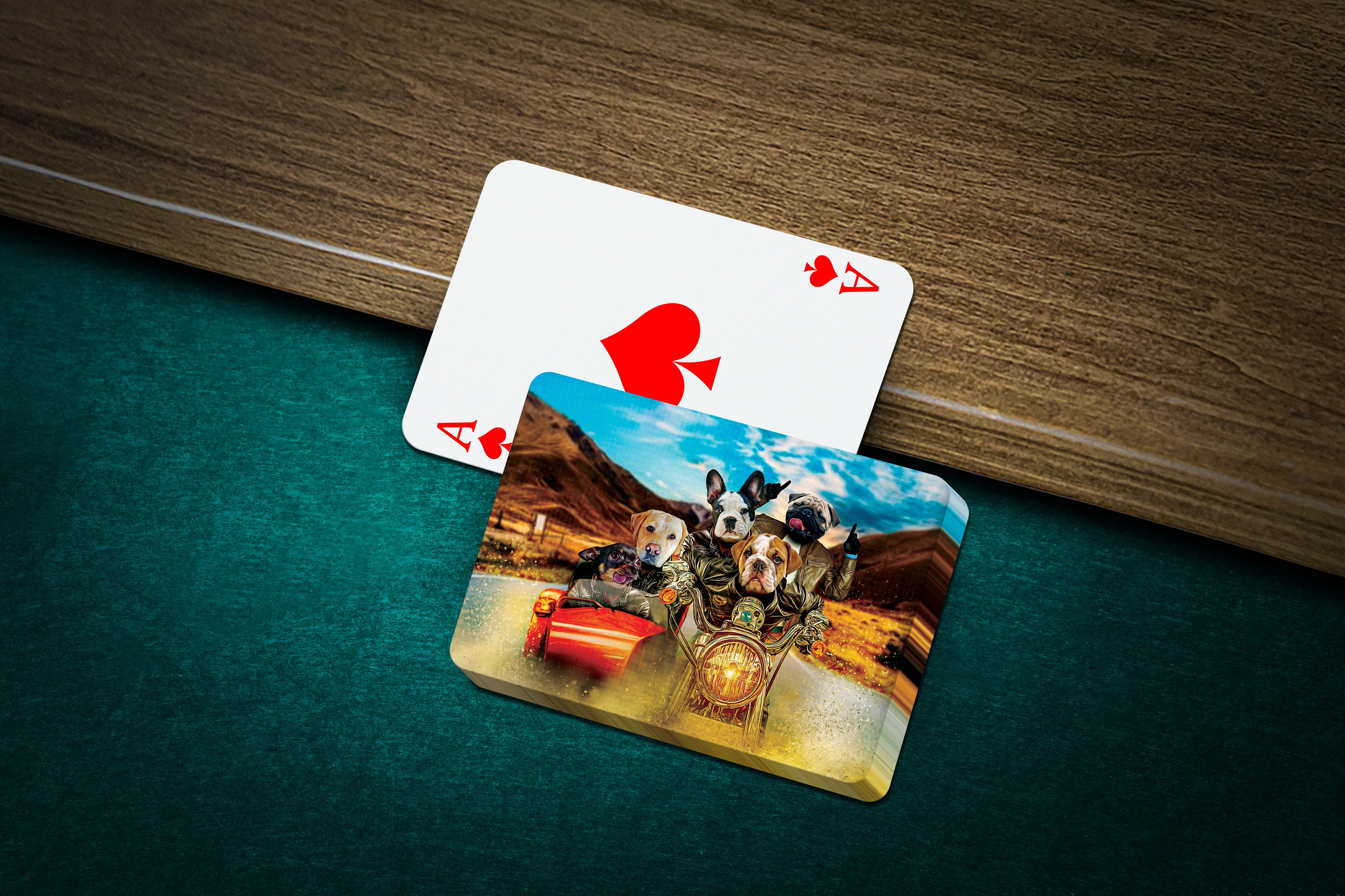 Personalized playing cards featuring five dogs in a custom "Harley Wooferson" style portrait.