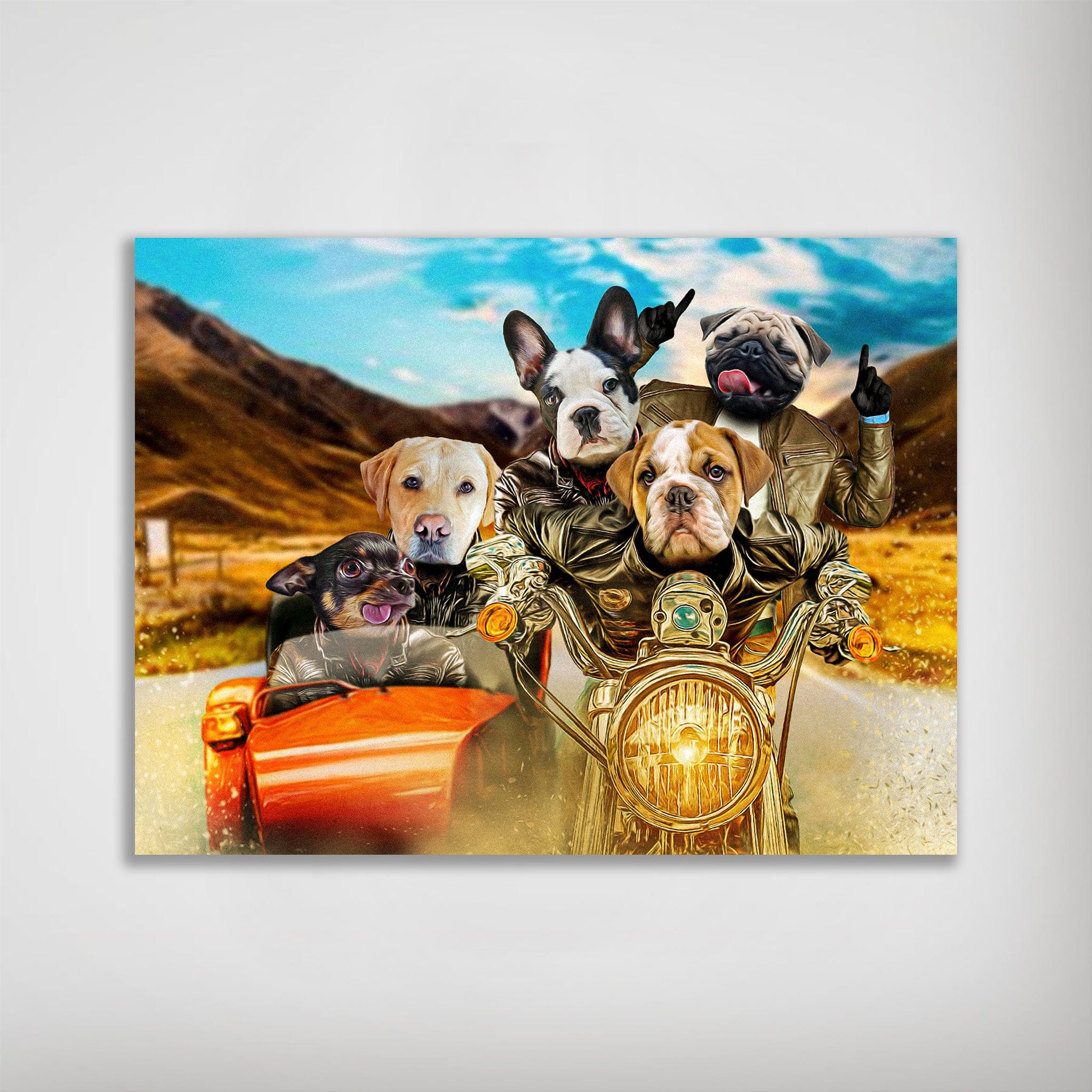 Personalized 'Harley Wooferson' poster featuring five pets as bikers on a road trip.