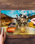Personalized 5-pet puzzle featuring dogs on a motorcycle and in a car, with a hand adding a piece.
