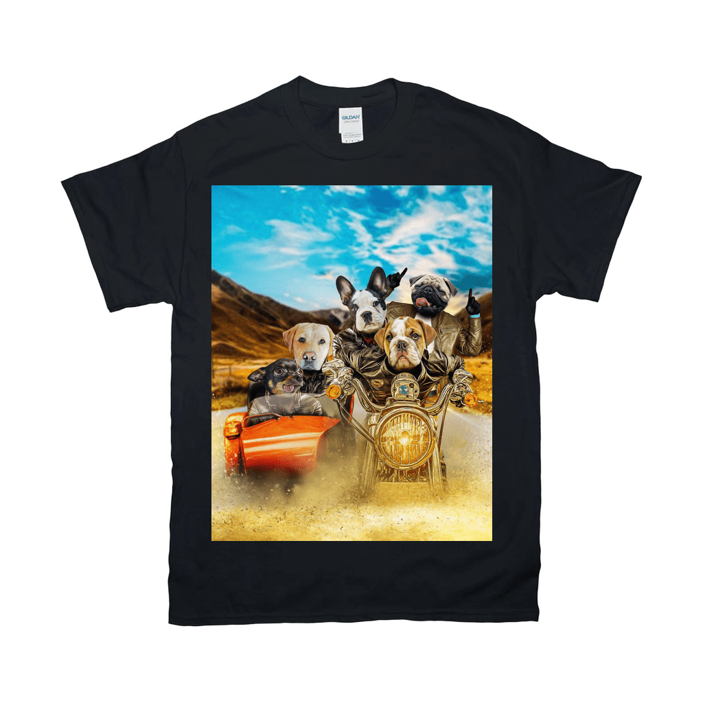 Black Gildan t-shirt with a custom graphic of five dogs riding a motorcycle and sidecar.