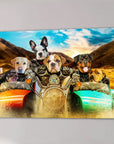 Custom pet canvas featuring six dogs on a motorcycle and sidecars, with a sunset mountain background.