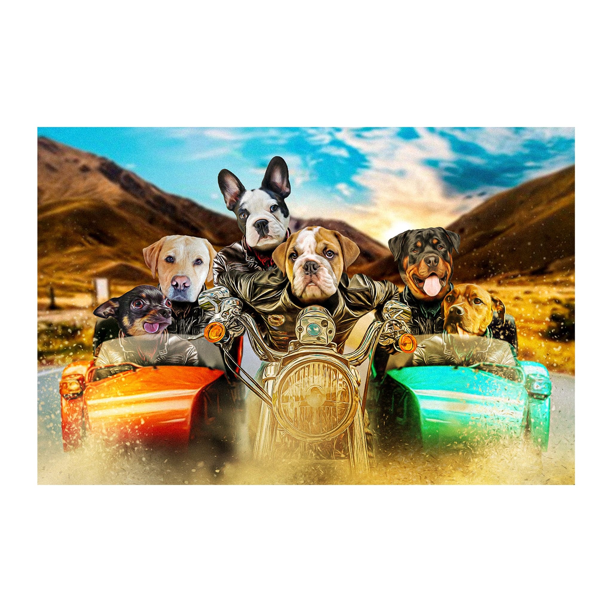 Personalized 6-pet digital portrait of dogs riding a motorcycle with sidecars at sunset.