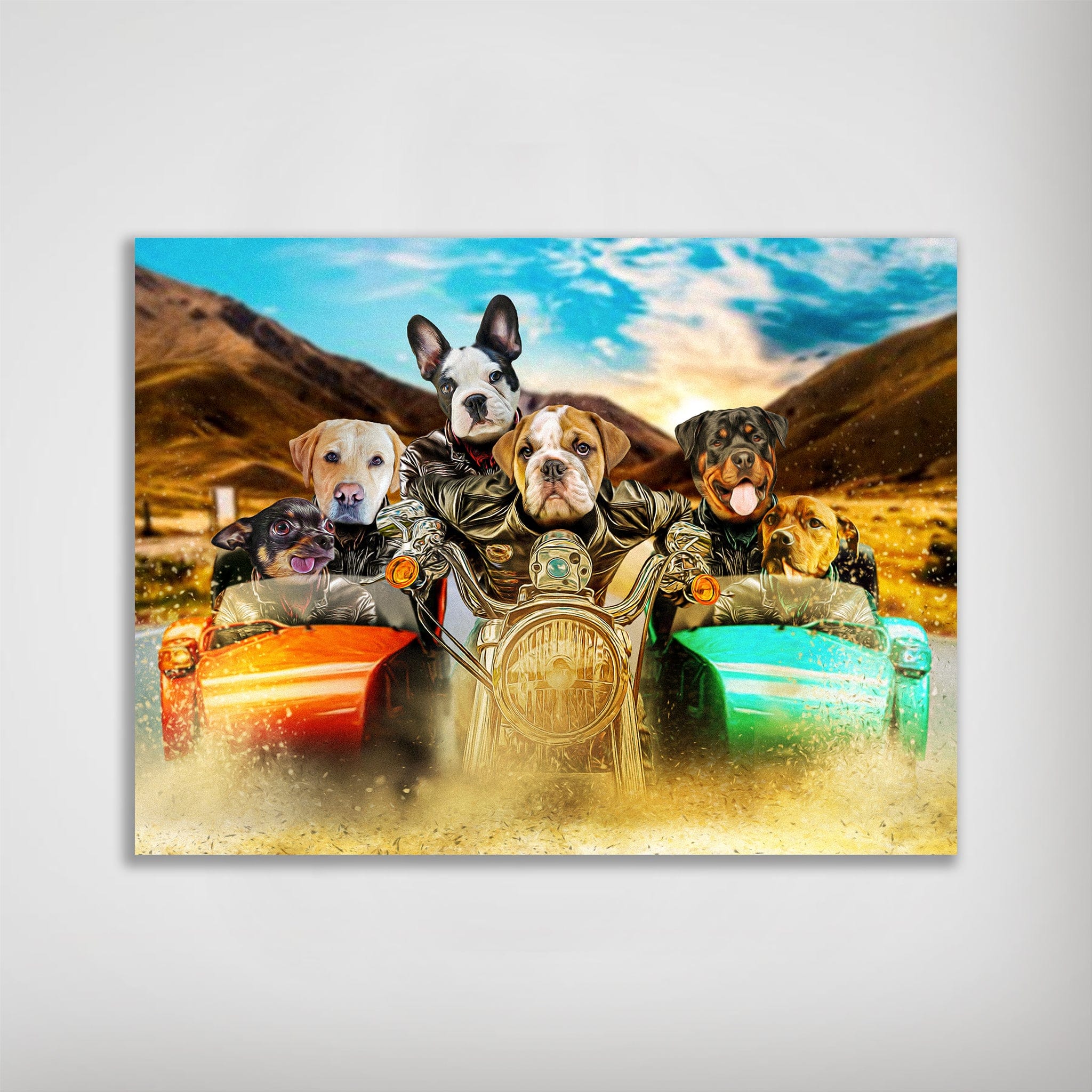 Personalized Harley Wooferson poster featuring six pets on a motorcycle with sidecars, in a vibrant, matte finish.