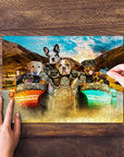 Personalized pet puzzle featuring five dogs on a motorcycle, with hands assembling pieces.