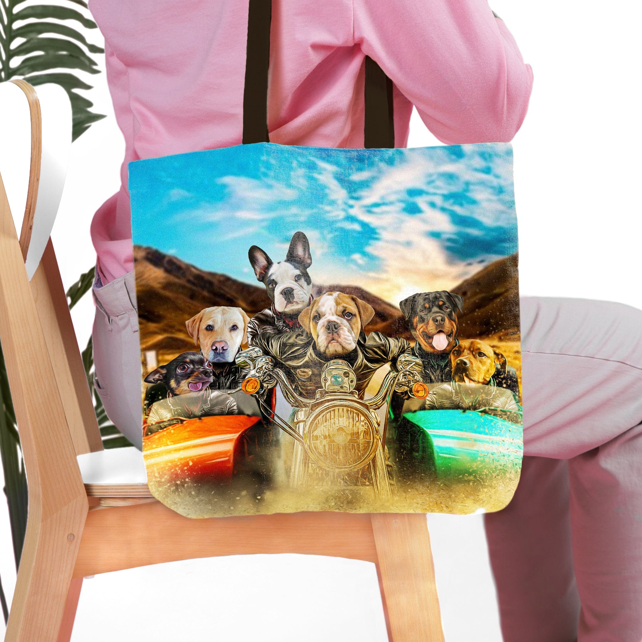 Personalized 6-pet Harley Wooferson tote bag with dogs in biker gear on a motorcycle.