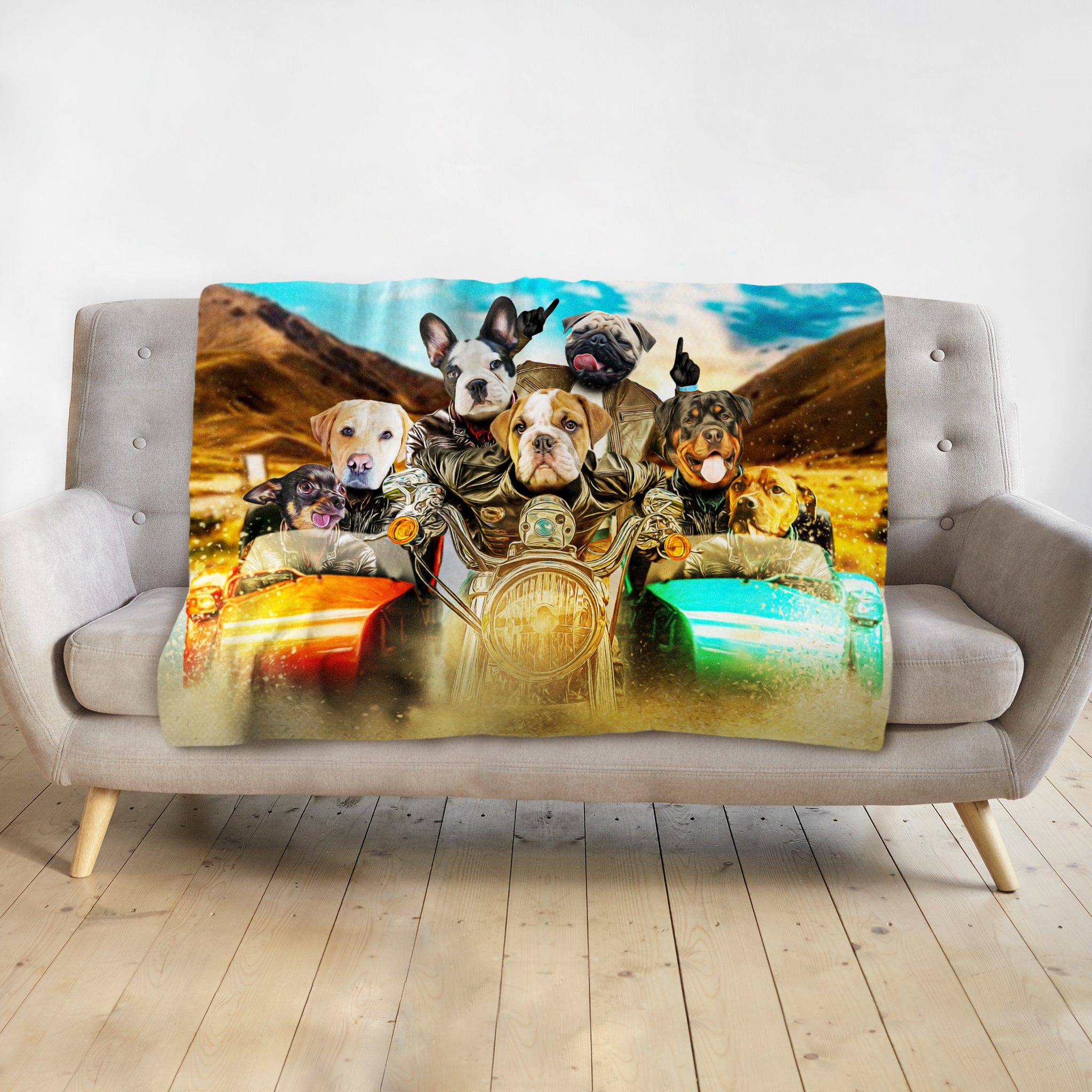 Personalized 7-pet blanket with dogs in a custom motorcycle portrait design.