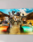 Custom pet canvas featuring seven dogs on a motorcycle and in sidecars, with a mountain landscape background.